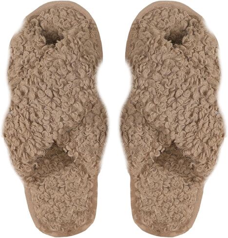 OYOANGLE Women's Solid Criss Cross Fuzzy Bedroom Slippers Fashion Indoor Home Slippers Warm Open Toe Slipper in Saudi Arabia