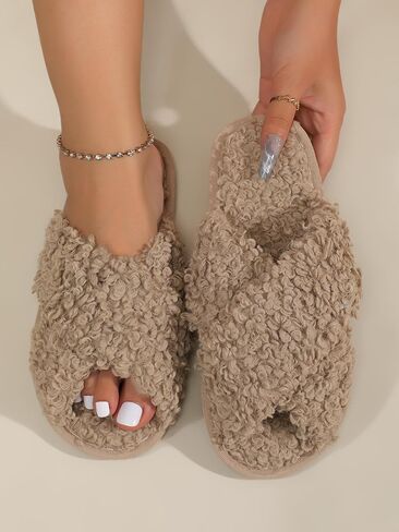 OYOANGLE Women's Solid Criss Cross Fuzzy Bedroom Slippers Fashion Indoor Home Slippers Warm Open Toe Slipper in Saudi Arabia