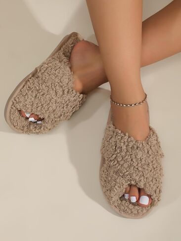 OYOANGLE Women's Solid Criss Cross Fuzzy Bedroom Slippers Fashion Indoor Home Slippers Warm Open Toe Slipper in Saudi Arabia