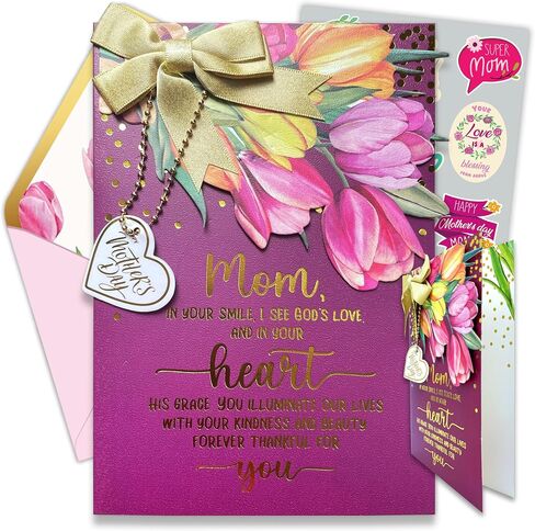 Decorably Gold Foiled 5x7in Individual Religious Mothers Day Cards for Mom with Vibrant Tulip Cutout, Gold Ribbon and Die-Cut Heart Charm, Card Set with Envelope and Stickers, Printed Message Inside in Saudi Arabia