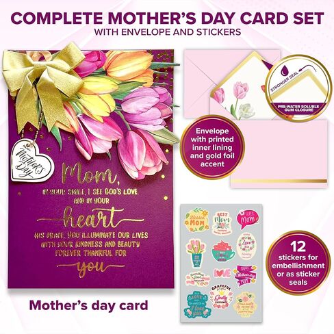 Decorably Gold Foiled 5x7in Individual Religious Mothers Day Cards for Mom with Vibrant Tulip Cutout, Gold Ribbon and Die-Cut Heart Charm, Card Set with Envelope and Stickers, Printed Message Inside in Saudi Arabia