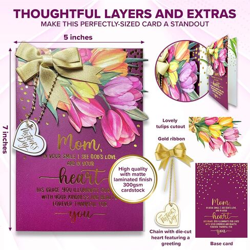 Decorably Gold Foiled 5x7in Individual Religious Mothers Day Cards for Mom with Vibrant Tulip Cutout, Gold Ribbon and Die-Cut Heart Charm, Card Set with Envelope and Stickers, Printed Message Inside in Saudi Arabia