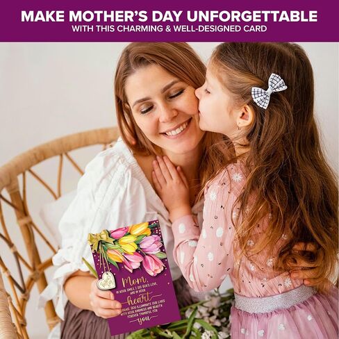 Decorably Gold Foiled 5x7in Individual Religious Mothers Day Cards for Mom with Vibrant Tulip Cutout, Gold Ribbon and Die-Cut Heart Charm, Card Set with Envelope and Stickers, Printed Message Inside in Saudi Arabia
