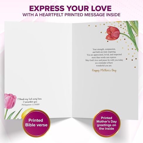 Decorably Gold Foiled 5x7in Individual Religious Mothers Day Cards for Mom with Vibrant Tulip Cutout, Gold Ribbon and Die-Cut Heart Charm, Card Set with Envelope and Stickers, Printed Message Inside in Saudi Arabia