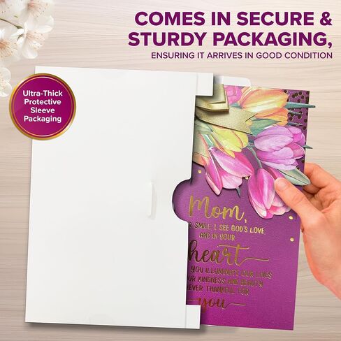 Decorably Gold Foiled 5x7in Individual Religious Mothers Day Cards for Mom with Vibrant Tulip Cutout, Gold Ribbon and Die-Cut Heart Charm, Card Set with Envelope and Stickers, Printed Message Inside in Saudi Arabia