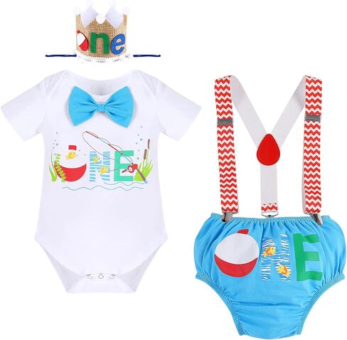 IBTOM CASTLE Toddler O-Fish-Ally One Theme 1st Birthday Cake Smash Outfit for Baby Boy Romper Suspenders Bowtie Fish Shorts in Kuwait