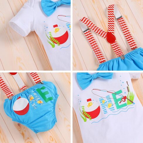 IBTOM CASTLE Toddler O-Fish-Ally One Theme 1st Birthday Cake Smash Outfit for Baby Boy Romper Suspenders Bowtie Fish Shorts in Kuwait
