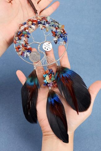 Jovivi Personalized Engraved 7 Chakra Stones Healing Crystals Dream Catcher Tree of Life Hanging Ornaments Black Feather Dreamcatcher for Home Indoor Wall Hanger Decor Wedding Party Blessing Gifts in Saudi Arabia