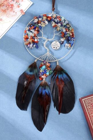 Jovivi Personalized Engraved 7 Chakra Stones Healing Crystals Dream Catcher Tree of Life Hanging Ornaments Black Feather Dreamcatcher for Home Indoor Wall Hanger Decor Wedding Party Blessing Gifts in Saudi Arabia