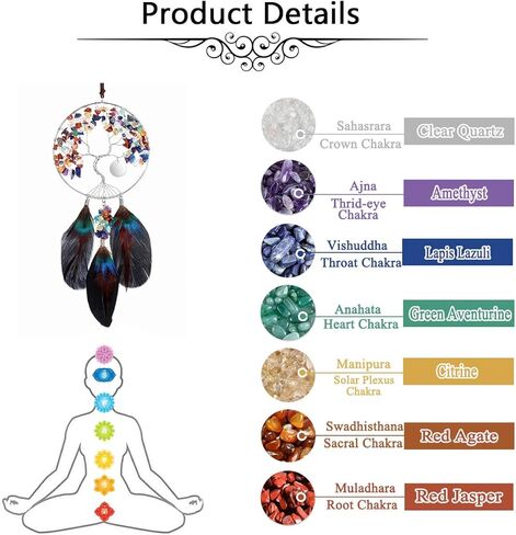 Jovivi Personalized Engraved 7 Chakra Stones Healing Crystals Dream Catcher Tree of Life Hanging Ornaments Black Feather Dreamcatcher for Home Indoor Wall Hanger Decor Wedding Party Blessing Gifts in Saudi Arabia