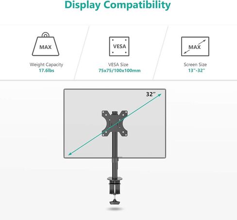 حامل مكتبي بشاشة LCD واحدة قابل للتعديل بالكامل من WALI يناسب شاشة واحدة من 13 إلى 32 بوصة، 17.6 رطل. سعة الوزن لكل ذراع (M001LM)، أسود in Saudi Arabia