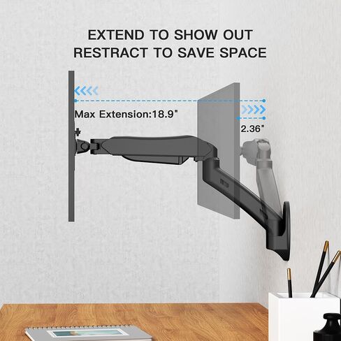 حامل شاشة على الحائط - ذراع شاشة فردي زنبركي غاز لحامل تلفزيون كامل الحركة مقاس 14-32 بوصة مع دوارة إمالة قابلة للضبط، تصميم مثالي لمسمار فردي، الحد الأقصى VESA 100x100 مم حتى 15.4 رطل in Kuwait