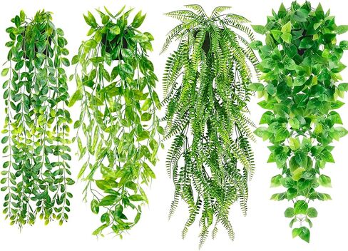 نباتات صناعية معلقة على الرف، 4 عبوات من النباتات الخضراء المزيفة بوعاء كرمة اللبلاب الصناعي، سرخس العشب الفارسي، أوراق قرنة البازلاء، كرمة خشب البقس في وعاء لديكور المنزل in Kuwait