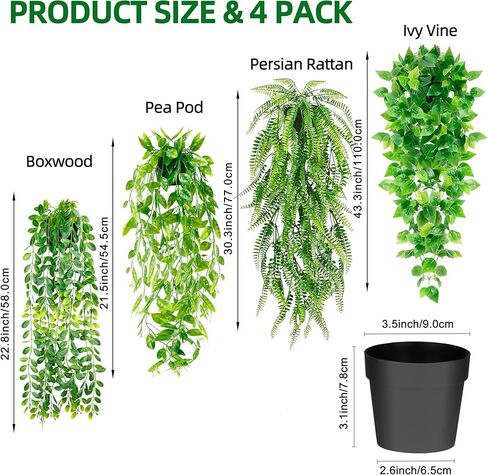 نباتات صناعية معلقة على الرف، 4 عبوات من النباتات الخضراء المزيفة بوعاء كرمة اللبلاب الصناعي، سرخس العشب الفارسي، أوراق قرنة البازلاء، كرمة خشب البقس في وعاء لديكور المنزل in Kuwait