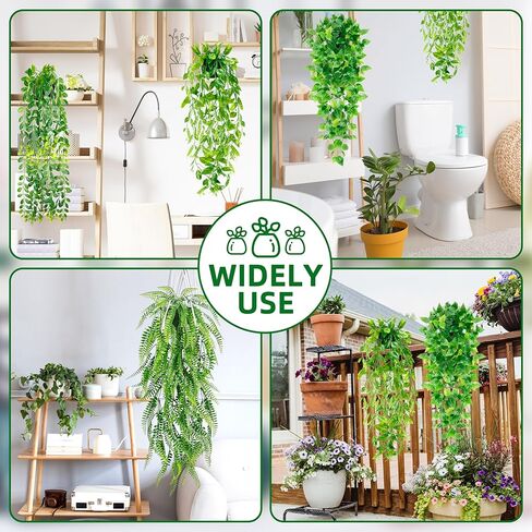 نباتات صناعية معلقة على الرف، 4 عبوات من النباتات الخضراء المزيفة بوعاء كرمة اللبلاب الصناعي، سرخس العشب الفارسي، أوراق قرنة البازلاء، كرمة خشب البقس في وعاء لديكور المنزل in Kuwait