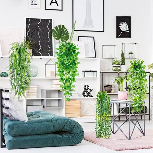 نباتات صناعية معلقة على الرف، 4 عبوات من النباتات الخضراء المزيفة بوعاء كرمة اللبلاب الصناعي، سرخس العشب الفارسي، أوراق قرنة البازلاء، كرمة خشب البقس في وعاء لديكور المنزل in Kuwait