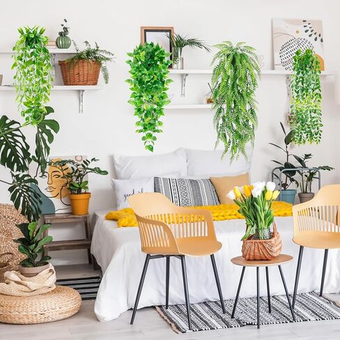 نباتات صناعية معلقة على الرف، 4 عبوات من النباتات الخضراء المزيفة بوعاء كرمة اللبلاب الصناعي، سرخس العشب الفارسي، أوراق قرنة البازلاء، كرمة خشب البقس في وعاء لديكور المنزل in Kuwait