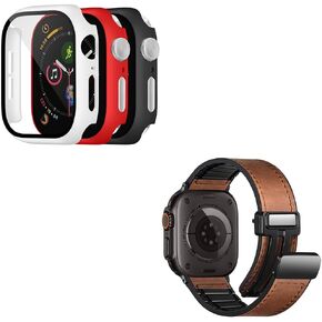 Charlam 4 Pack Apple Watch Cases and Magnetic Leather Apple Watch Bands 42mm 44mm 45mm 46mm 49mm, Brown in Kuwait