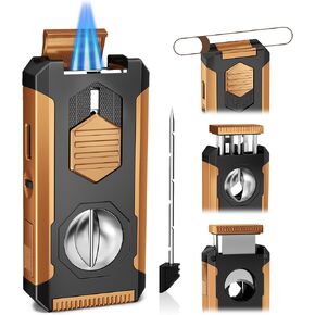 5-in-1 Butane Torch Lighter with Auto-Pop V & Straight Cutter, Windproof Triple Jet Flame, Built-in Holder, Draw Enhancer, Refillable Cool Lighters with Gift Box for Men, Candles, Travel (Black Gold) in Kuwait