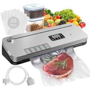 Food Vacuum Sealer Machine 75kPa, Built-in Cutter, Pulse Function, Digital Timer Dry/Moist Modes, External Vacuum for Jars, 20 Bags Included, Compact Design for Meal Prep Sous Vide and Bulk Storage in Saudi Arabia