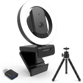4K Ultra HD Webcam with Microphone, 3-Color Fill Light & Privacy Cover, 90° Wide Angle AutoFocus Webcam with Tripod & USB C Adapter, Plug & Play for PC/Laptop/Zoom/Streaming/Gaming (Black) in Kuwait