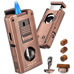 LIHTUN Cigar Torch Lighter Built-in One-Touch Cigar Cutter V-Cut and Straight Cut, Punch, Stand, All-in-1 Windproof Dual Jet Flame Lighter Gifts for Cigar Loves, Adjustable Refillable (Bronze) in Saudi Arabia