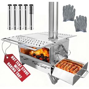 Camping Wood Burning Stove, Hot Tent Stove with Extra Baking Tray, Outdoor Stainless Steel Stove with 6 Chimney Pipes for Outdoor Camping, Cooking in Kuwait