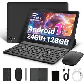 Gleeso Tablet 10 Inch Android 15, 2 in 1 Tablet with Keyboard, 24GB RAM+128GB ROM+1TB Expand, Octa Core, 5000mAh, WiFi 6, BT5.4, 8MP+5MP Dual Camera, Type-C Fast Charging-Black in Kuwait