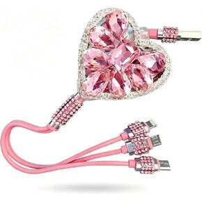 Car Multi Charging Cable, Light Luxury Rhinestone Heart-shaped USB Cords for Women & Girls, Portable Retractable Tangle-free Fast-charging Cable, Universal for Most Cars SUVs (Pink) in Kuwait