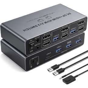 Dual Monitor 8K HDMI Displayport KVM Switch, 2 Monitors 2 Desktop Computers 4K@144Hz HDMI+DP 2IN 2 Out USB 3.0 KVM Switcher, 2 Switching Modes, 2 PCs Share 1 Set of Keyboard Mouse Printer in Saudi Arabia