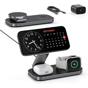 قاعدة شحن Keepro 3 في 1 لأجهزة Apple، حامل شاحن لاسلكي سريع مغناطيسي قابل للطي متوافق مع MagSafe لأجهزة iPhone 18/17/16/15/14/13/12/Air/Duo Series وApple Watch وAirPods - أسود in Kuwait