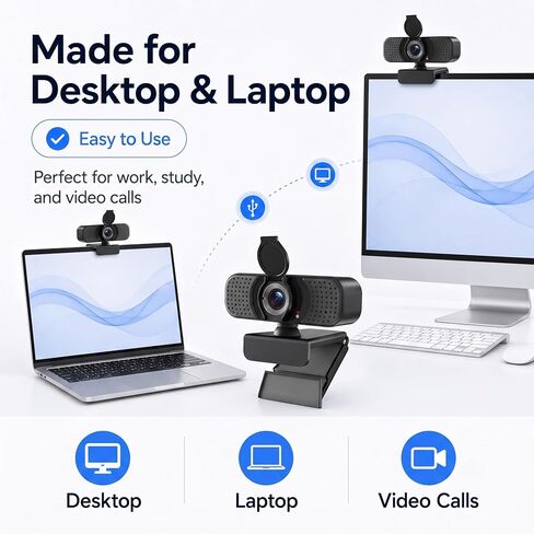 1080P Webcam with Microphone, USB Camera for PC, Laptop, USB-C Adapter in Kuwait