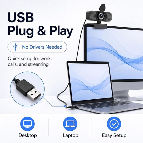 1080P Webcam with Microphone, USB Camera for PC, Laptop, USB-C Adapter in Kuwait