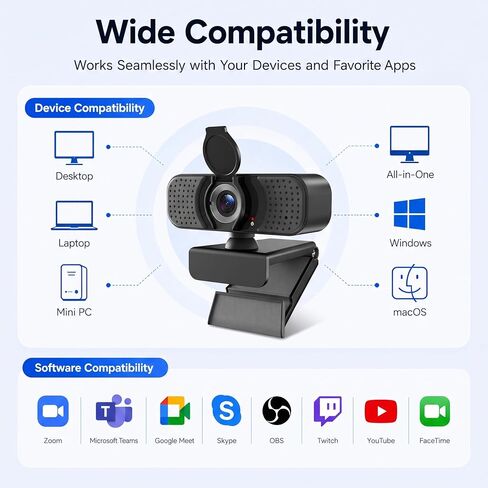 1080P Webcam with Microphone, USB Camera for PC, Laptop, USB-C Adapter in Kuwait