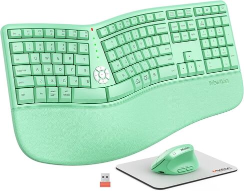 MEETION Ergonomic Keyboard and Mouse, Wireless Keyboard with Vertical Mouse, Split Curved Keyboard with Wrist Rest, USB C Rechargeable Full Size, Windows/Mac/PC/Laptop, Green in Kuwait