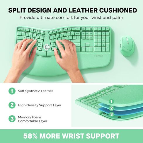MEETION Ergonomic Keyboard and Mouse, Wireless Keyboard with Vertical Mouse, Split Curved Keyboard with Wrist Rest, USB C Rechargeable Full Size, Windows/Mac/PC/Laptop, Green in Kuwait
