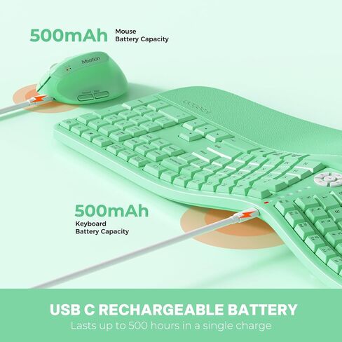 MEETION Ergonomic Keyboard and Mouse, Wireless Keyboard with Vertical Mouse, Split Curved Keyboard with Wrist Rest, USB C Rechargeable Full Size, Windows/Mac/PC/Laptop, Green in Kuwait
