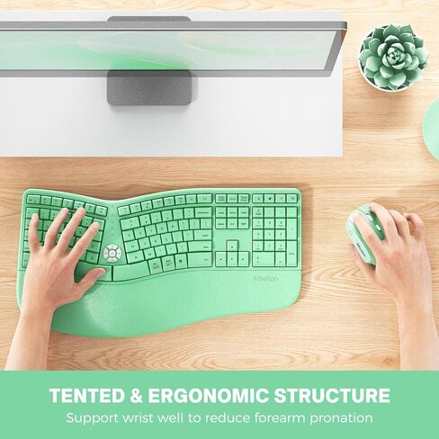 MEETION Ergonomic Keyboard and Mouse, Wireless Keyboard with Vertical Mouse, Split Curved Keyboard with Wrist Rest, USB C Rechargeable Full Size, Windows/Mac/PC/Laptop, Green in Kuwait