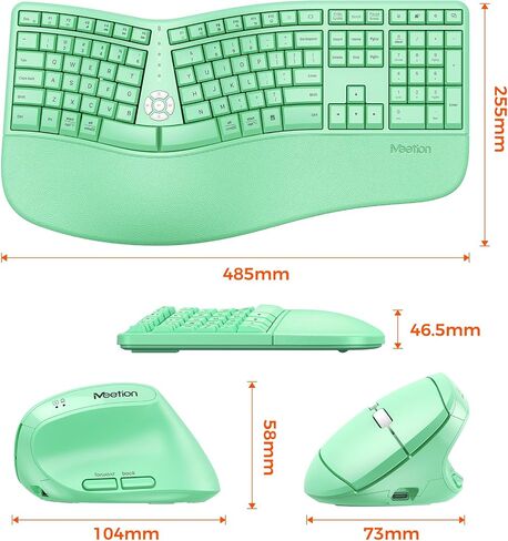 MEETION Ergonomic Keyboard and Mouse, Wireless Keyboard with Vertical Mouse, Split Curved Keyboard with Wrist Rest, USB C Rechargeable Full Size, Windows/Mac/PC/Laptop, Green in Kuwait