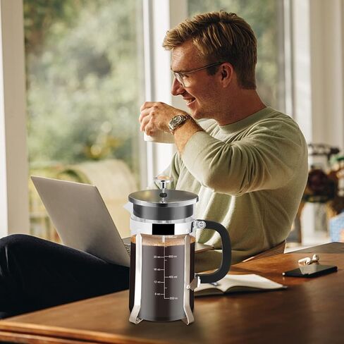 French Press Coffee Maker,34oz 304 Stainless Steel with 2 Filter, Heat Resistant Durable, Easy to Clean, Borosilicate Glass Press, BPA Free Glass TeaPot-34 Ounce 1 Liter (Chrome) in Kuwait