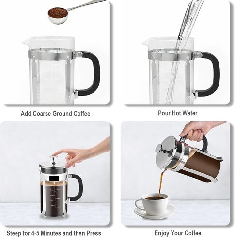 French Press Coffee Maker,34oz 304 Stainless Steel with 2 Filter, Heat Resistant Durable, Easy to Clean, Borosilicate Glass Press, BPA Free Glass TeaPot-34 Ounce 1 Liter (Chrome) in Kuwait