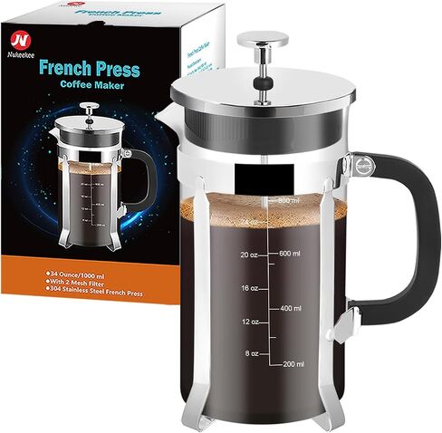 French Press Coffee Maker,34oz 304 Stainless Steel with 2 Filter, Heat Resistant Durable, Easy to Clean, Borosilicate Glass Press, BPA Free Glass TeaPot-34 Ounce 1 Liter (Chrome) in Kuwait
