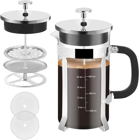 French Press Coffee Maker,34oz 304 Stainless Steel with 2 Filter, Heat Resistant Durable, Easy to Clean, Borosilicate Glass Press, BPA Free Glass TeaPot-34 Ounce 1 Liter (Chrome) in Kuwait