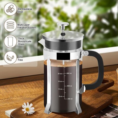 French Press Coffee Maker,34oz 304 Stainless Steel with 2 Filter, Heat Resistant Durable, Easy to Clean, Borosilicate Glass Press, BPA Free Glass TeaPot-34 Ounce 1 Liter (Chrome) in Kuwait
