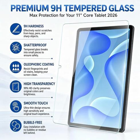 Bighan 2 Pack Screen Protector Compatible with Onn Onn 11" Core Tablet 2026 Model/ 11" Kids Tablet 2026 9H Hardness Tempered Glass Screen Protector, Clear, Scratch Resistant, Anti‑Bubble, Full Coverage in Kuwait