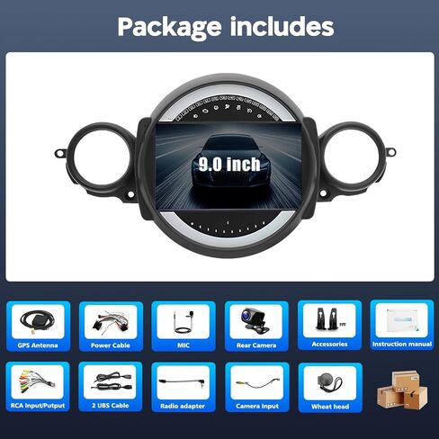 Car Stereo for BMW Mini Cooper R56 2007-2014, 9 Inch Touchscreen 2G+64G Android 14 Double Din Car Audio Receiver w/Wireless Carplay Android Auto GPS Navi Bluetooth WiFi SWC Backup Camera Mic in Kuwait