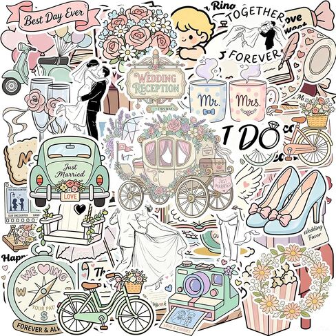 50PCS Wedding Stickers for Scrapbooking, Aesthetic Bridal Supplies for Wedding Invitations, Planner, Bachelorette Party, Anniversary, Waterproof Vinyl DIY Decals for Water Bottle, Laptop in Kuwait