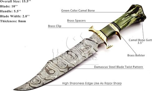 : Hand Made Damascus Steel Collectible gutt Bowie Knife Handle Camel Bone (green) in Kuwait