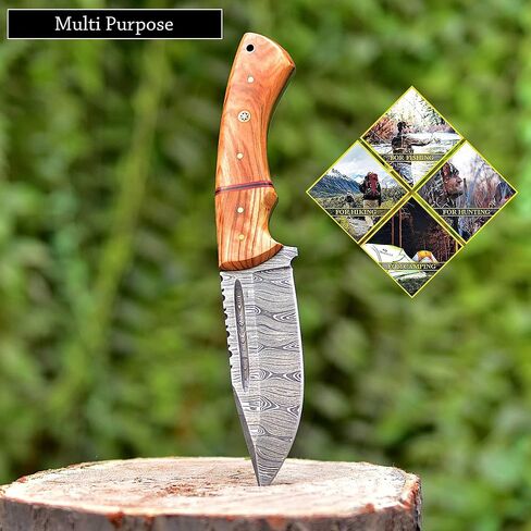 Handmade Damascus Steel Hunting Fixed Blade Knife With Leather Sheath, Olive Wood Handle - 9.75" Length Full Tang Multipurpose Knife K-152 in Kuwait