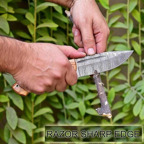 Handmade Damascus Steel Hunting Fixed Blade Knife With Leather Sheath, Olive Wood Handle - 9.75" Length Full Tang Multipurpose Knife K-152 in Kuwait